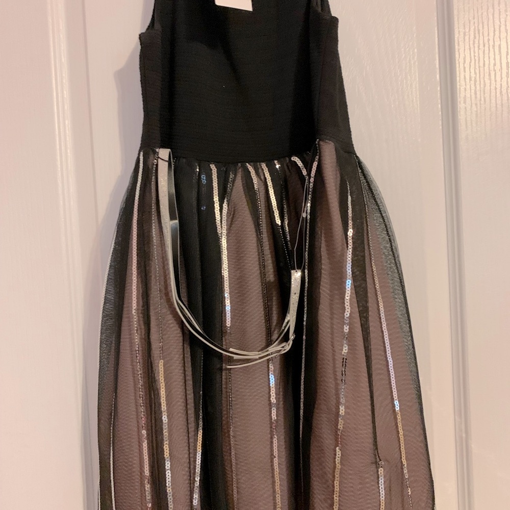 Black & Blush Pink Tulle Silver Sequin Sleeveless Dress With Belt